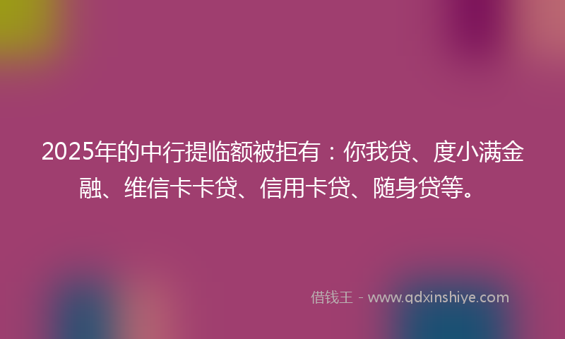 2025年的中行提临额被拒有：你我贷、度小满金融、维信卡卡贷、信用卡贷、随身贷等。