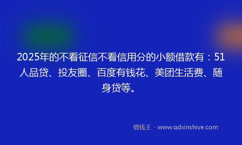 2025年的不看征信不看信用分的小额借款有：51人品贷、投友圈、百度有钱花、美团生活费、随身贷等。