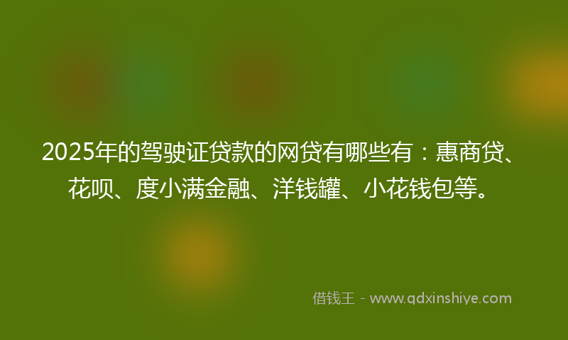 2025年的驾驶证贷款的网贷有哪些有：惠商贷、花呗、度小满金融、洋钱罐、小花钱包等。