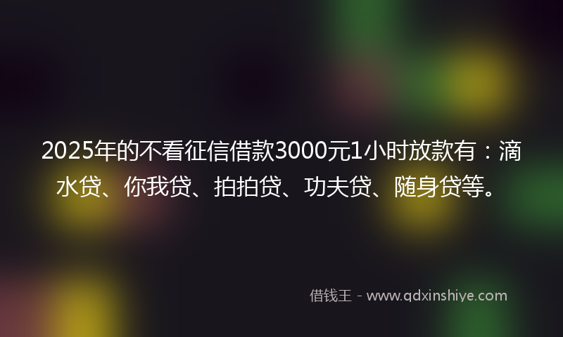 2025年的不看征信借款3000元1小时放款有：滴水贷、你我贷、拍拍贷、功夫贷、随身贷等。