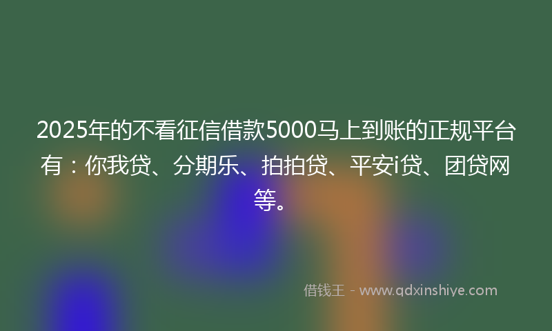 2025年的不看征信借款5000马上到账的正规平台有：你我贷、分期乐、拍拍贷、平安i贷、团贷网等。