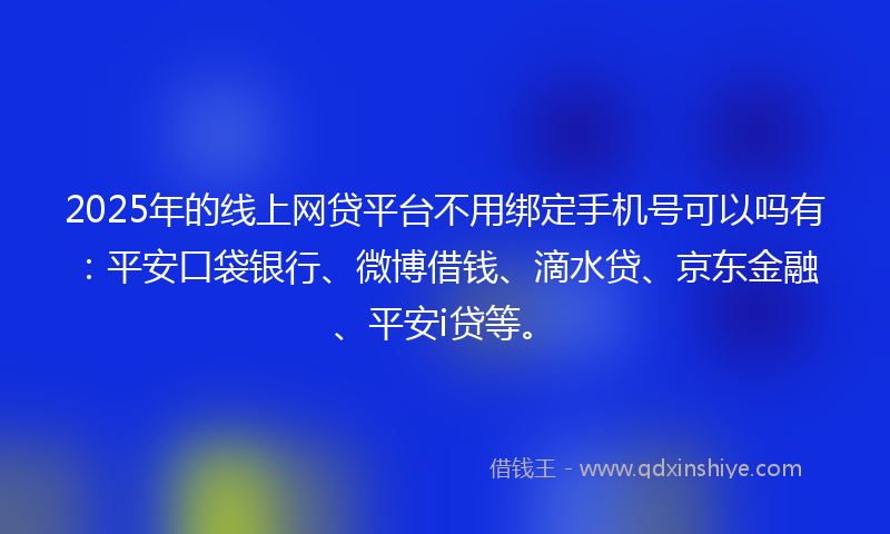 2025年的线上网贷平台不用绑定手机号可以吗有：平安口袋银行、微博借钱、滴水贷、京东金融、平安i贷等。