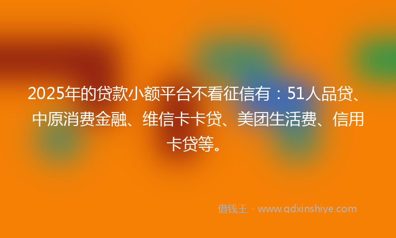 2025年的贷款小额平台不看征信有：51人品贷、中原消费金融、维信卡卡贷、美团生活费、信用卡贷等。