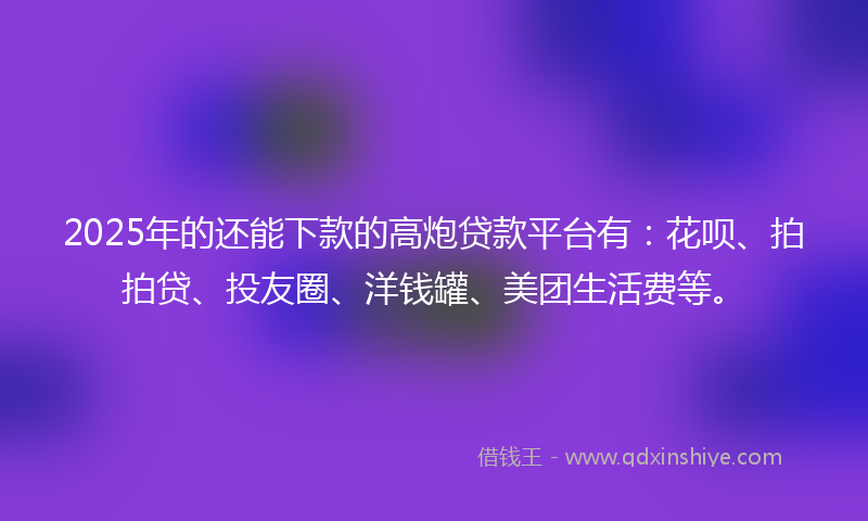 2025年的还能下款的高炮贷款平台有：花呗、拍拍贷、投友圈、洋钱罐、美团生活费等。