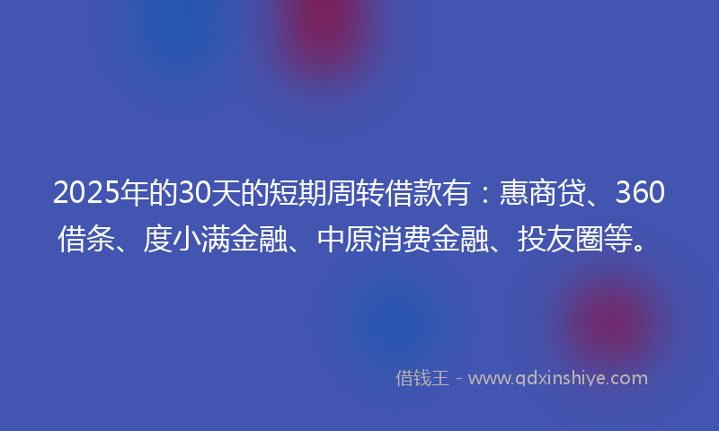 2025年的30天的短期周转借款有：惠商贷、360借条、度小满金融、中原消费金融、投友圈等。