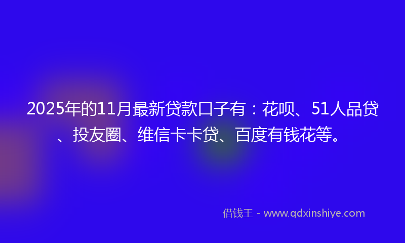 2025年的11月最新贷款口子有：花呗、51人品贷、投友圈、维信卡卡贷、百度有钱花等。
