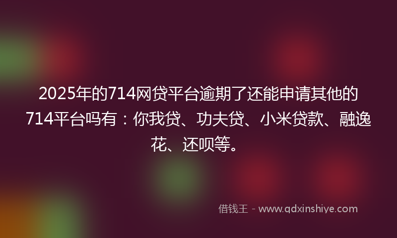 2025年的714网贷平台逾期了还能申请其他的714平台吗有：你我贷、功夫贷、小米贷款、融逸花、还呗等。
