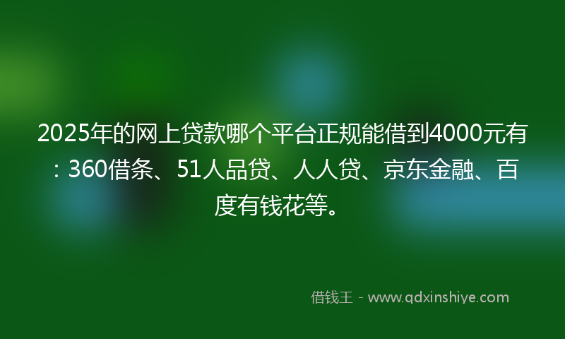 2025年的网上贷款哪个平台正规能借到4000元有：360借条、51人品贷、人人贷、京东金融、百度有钱花等。