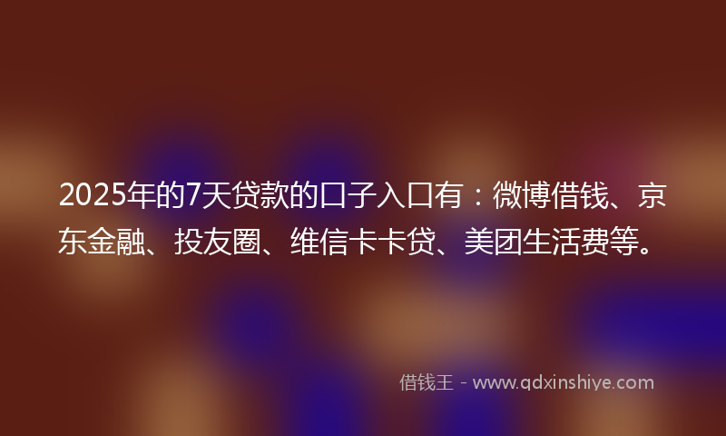 2025年的7天贷款的口子入口有：微博借钱、京东金融、投友圈、维信卡卡贷、美团生活费等。