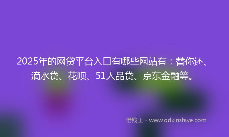 2025年的网贷平台入口有哪些网站有：替你还、滴水贷、花呗、51人品贷、京东金融等。