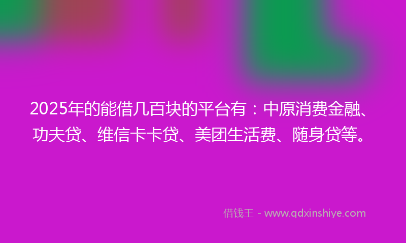 2025年的能借几百块的平台有：中原消费金融、功夫贷、维信卡卡贷、美团生活费、随身贷等。