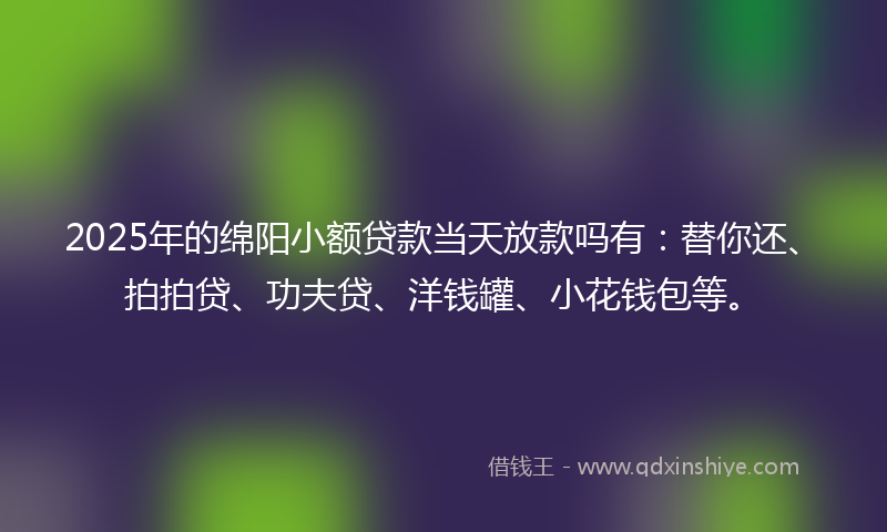 2025年的绵阳小额贷款当天放款吗有：替你还、拍拍贷、功夫贷、洋钱罐、小花钱包等。