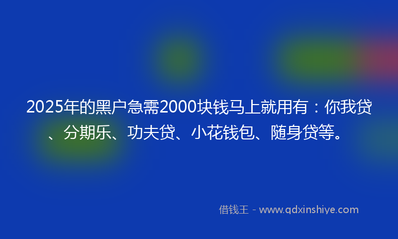 2025年的黑户急需2000块钱马上就用有：你我贷、分期乐、功夫贷、小花钱包、随身贷等。