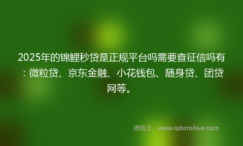 2025年的锦鲤秒贷是正规平台吗需要查征信吗有：微粒贷、京东金融、小花钱包、随身贷、团贷网等。