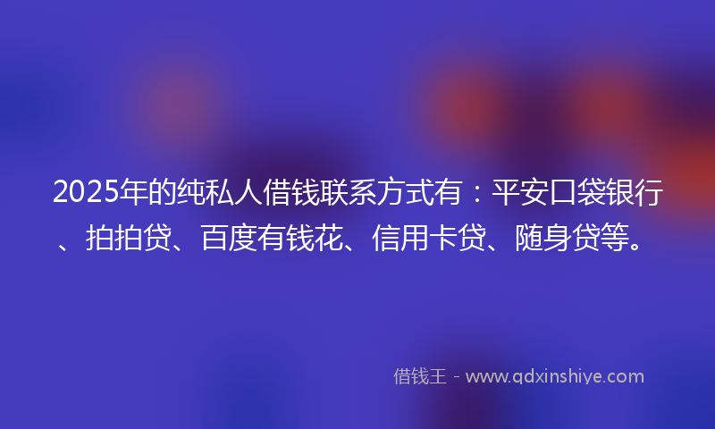2025年的纯私人借钱联系方式有：平安口袋银行、拍拍贷、百度有钱花、信用卡贷、随身贷等。