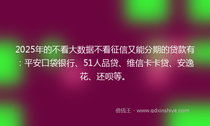 2025年的不看大数据不看征信又能分期的贷款有：平安口袋银行、51人品贷、维信卡卡贷、安逸花、还呗等。