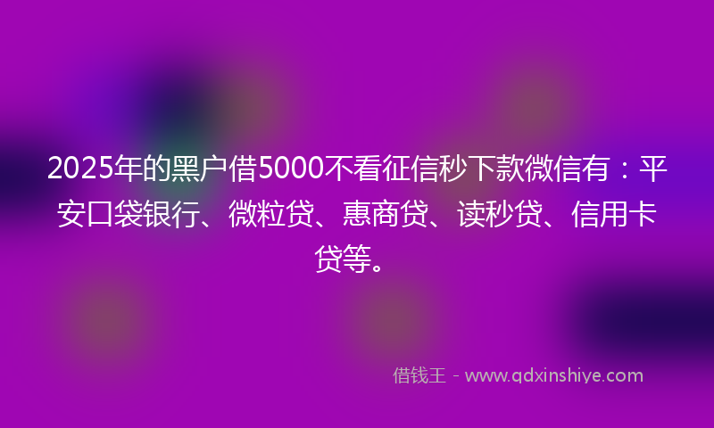 2025年的黑户借5000不看征信秒下款微信有：平安口袋银行、微粒贷、惠商贷、读秒贷、信用卡贷等。