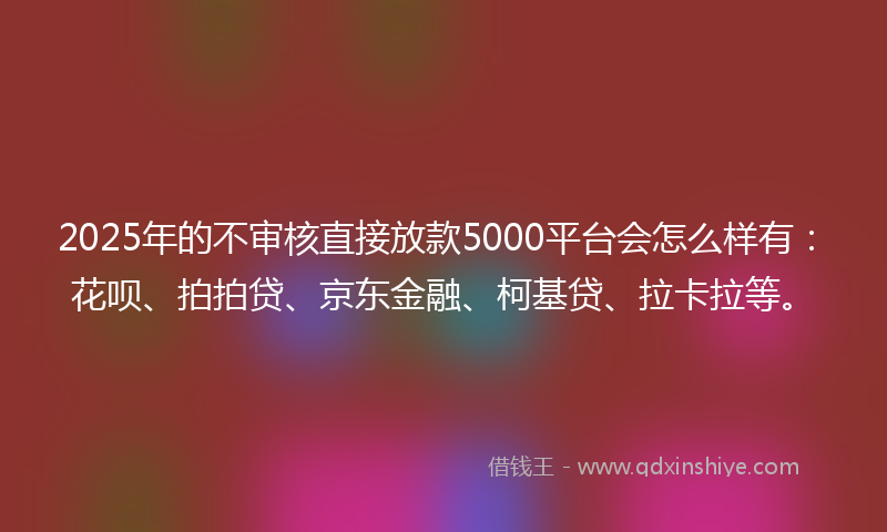 2025年的不审核直接放款5000平台会怎么样有：花呗、拍拍贷、京东金融、柯基贷、拉卡拉等。