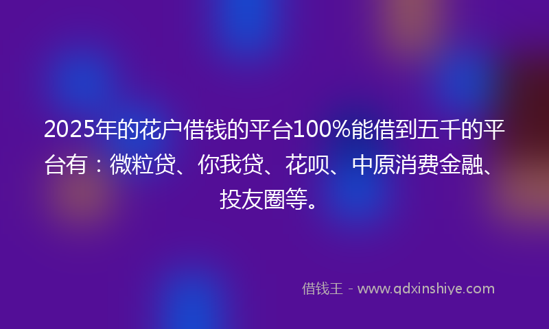 2025年的花户借钱的平台100%能借到五千的平台有：微粒贷、你我贷、花呗、中原消费金融、投友圈等。