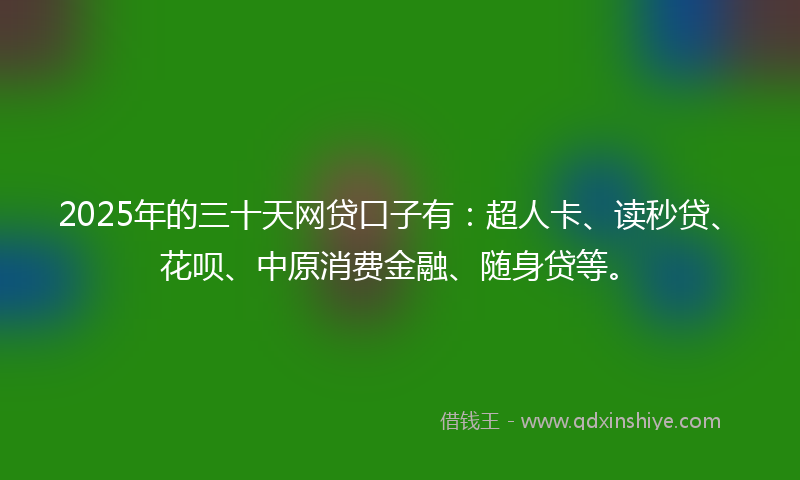 2025年的三十天网贷口子有：超人卡、读秒贷、花呗、中原消费金融、随身贷等。