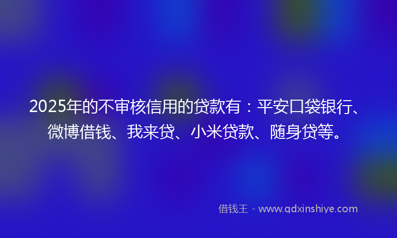 2025年的不审核信用的贷款有：平安口袋银行、微博借钱、我来贷、小米贷款、随身贷等。