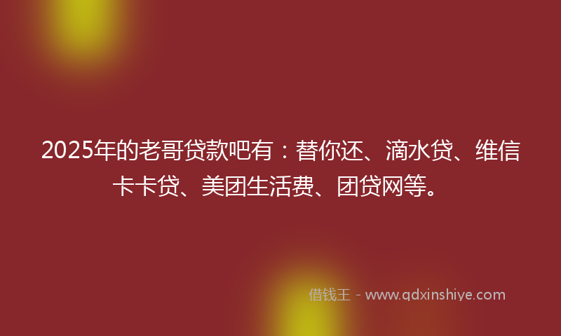 2025年的老哥贷款吧有：替你还、滴水贷、维信卡卡贷、美团生活费、团贷网等。