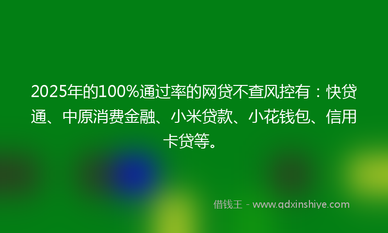 2025年的100%通过率的网贷不查风控有：快贷通、中原消费金融、小米贷款、小花钱包、信用卡贷等。
