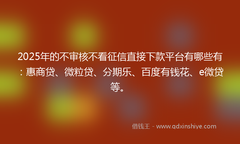 2025年的不审核不看征信直接下款平台有哪些有：惠商贷、微粒贷、分期乐、百度有钱花、e微贷等。