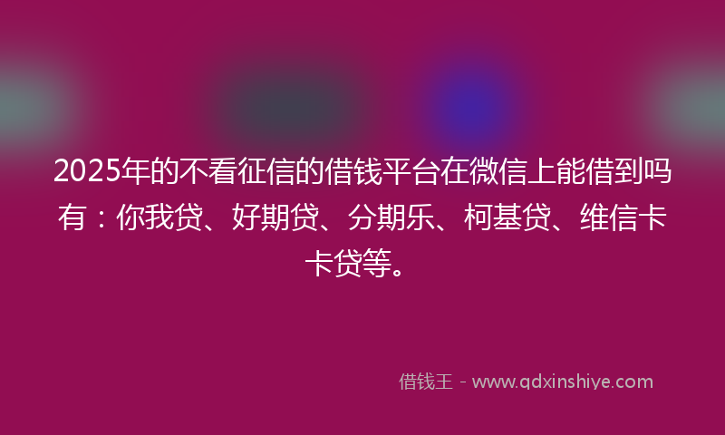 2025年的不看征信的借钱平台在微信上能借到吗有：你我贷、好期贷、分期乐、柯基贷、维信卡卡贷等。