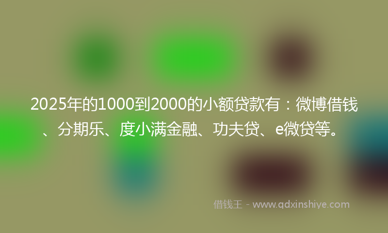 2025年的1000到2000的小额贷款有：微博借钱、分期乐、度小满金融、功夫贷、e微贷等。