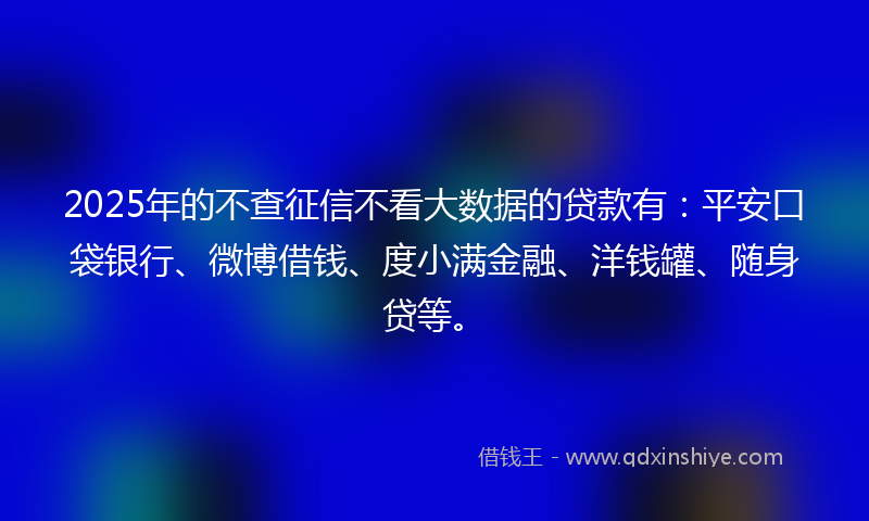 2025年的不查征信不看大数据的贷款有：平安口袋银行、微博借钱、度小满金融、洋钱罐、随身贷等。