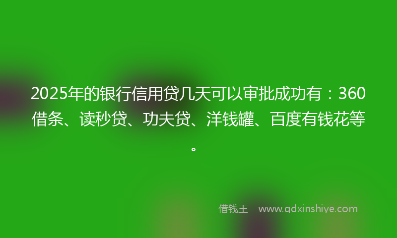 2025年的银行信用贷几天可以审批成功有:360借条、读秒贷、功夫贷、洋钱罐、百度有钱花等。