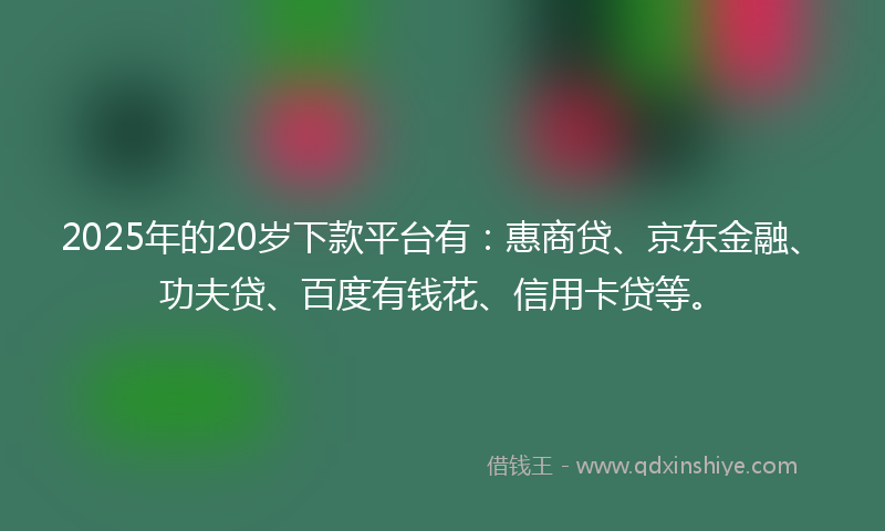 2025年的20岁下款平台有：惠商贷、京东金融、功夫贷、百度有钱花、信用卡贷等。