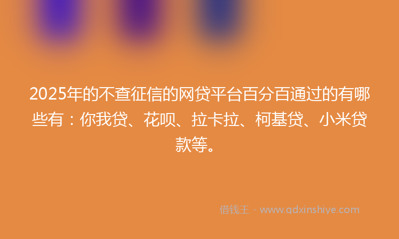 2025年的不查征信的网贷平台百分百通过的有哪些有：你我贷、花呗、拉卡拉、柯基贷、小米贷款等。