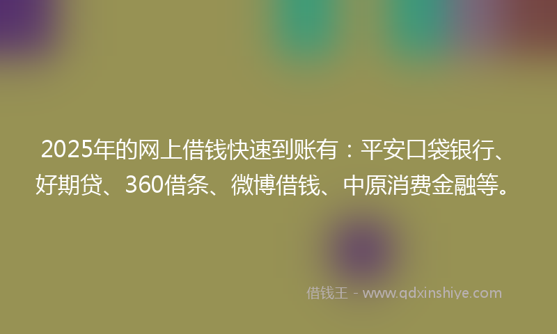 2025年的网上借钱快速到账有：平安口袋银行、好期贷、360借条、微博借钱、中原消费金融等。