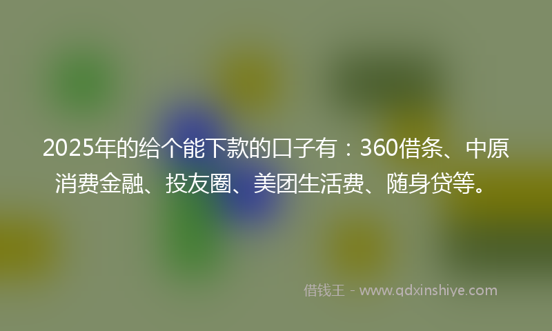 2025年的给个能下款的口子有：360借条、中原消费金融、投友圈、美团生活费、随身贷等。