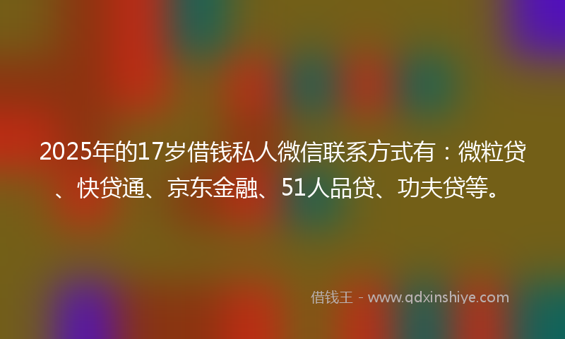 2025年的17岁借钱私人微信联系方式有：微粒贷、快贷通、京东金融、51人品贷、功夫贷等。