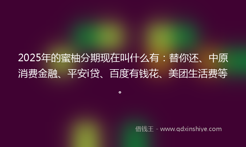 2025年的蜜柚分期现在叫什么有：替你还、中原消费金融、平安i贷、百度有钱花、美团生活费等。