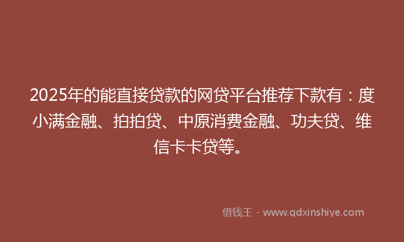 2025年的能直接贷款的网贷平台推荐下款有：度小满金融、拍拍贷、中原消费金融、功夫贷、维信卡卡贷等。