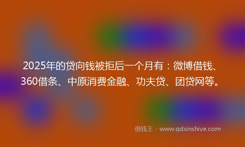 2025年的贷向钱被拒后一个月有：微博借钱、360借条、中原消费金融、功夫贷、团贷网等。