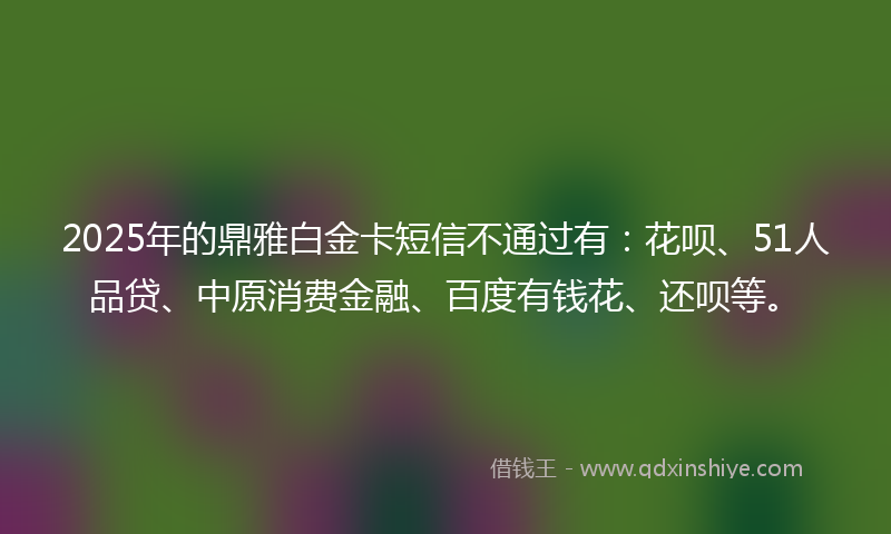 2025年的鼎雅白金卡短信不通过有：花呗、51人品贷、中原消费金融、百度有钱花、还呗等。