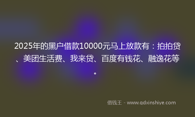 2025年的黑户借款10000元马上放款有：拍拍贷、美团生活费、我来贷、百度有钱花、融逸花等。