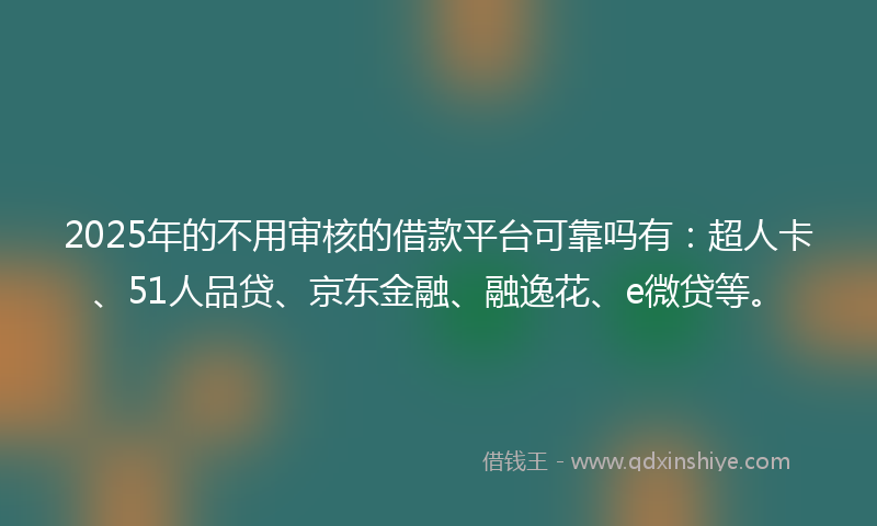 2025年的不用审核的借款平台可靠吗有：超人卡、51人品贷、京东金融、融逸花、e微贷等。
