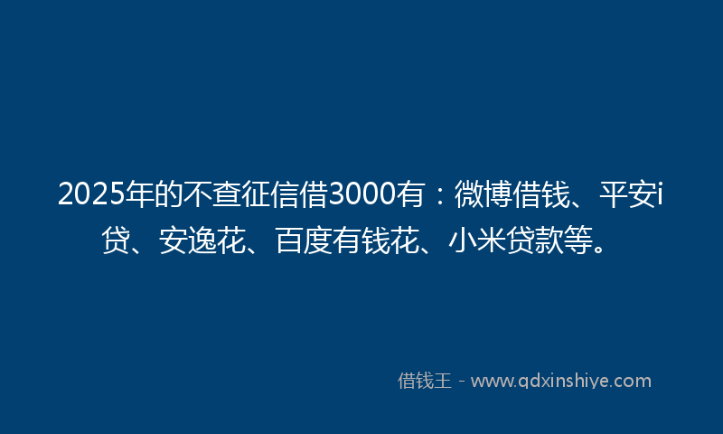 2025年的不查征信借3000有：微博借钱、平安i贷、安逸花、百度有钱花、小米贷款等。