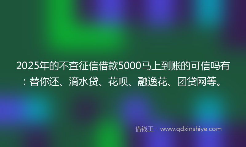 2025年的不查征信借款5000马上到账的可信吗有：替你还、滴水贷、花呗、融逸花、团贷网等。