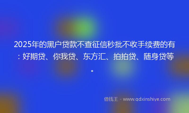 2025年的黑户贷款不查征信秒批不收手续费的有：好期贷、你我贷、东方汇、拍拍贷、随身贷等。