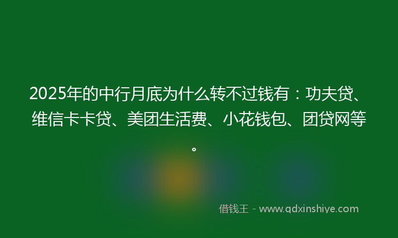 2025年的中行月底为什么转不过钱有：功夫贷、维信卡卡贷、美团生活费、小花钱包、团贷网等。