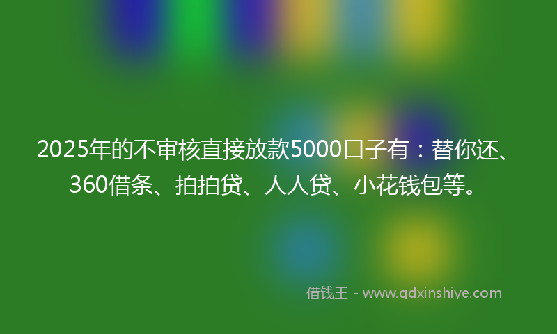 2025年的不审核直接放款5000口子有：替你还、360借条、拍拍贷、人人贷、小花钱包等。