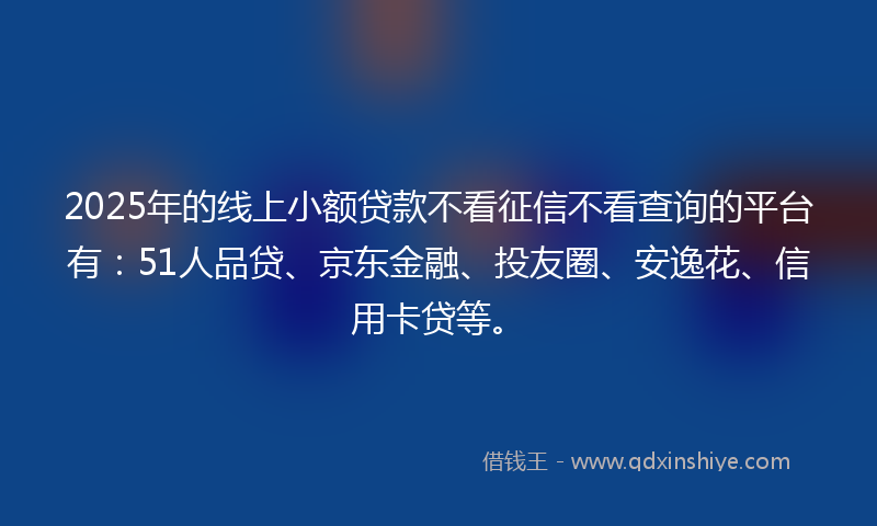 2025年的线上小额贷款不看征信不看查询的平台有：51人品贷、京东金融、投友圈、安逸花、信用卡贷等。