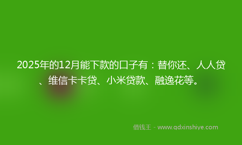 2025年的12月能下款的口子有：替你还、人人贷、维信卡卡贷、小米贷款、融逸花等。